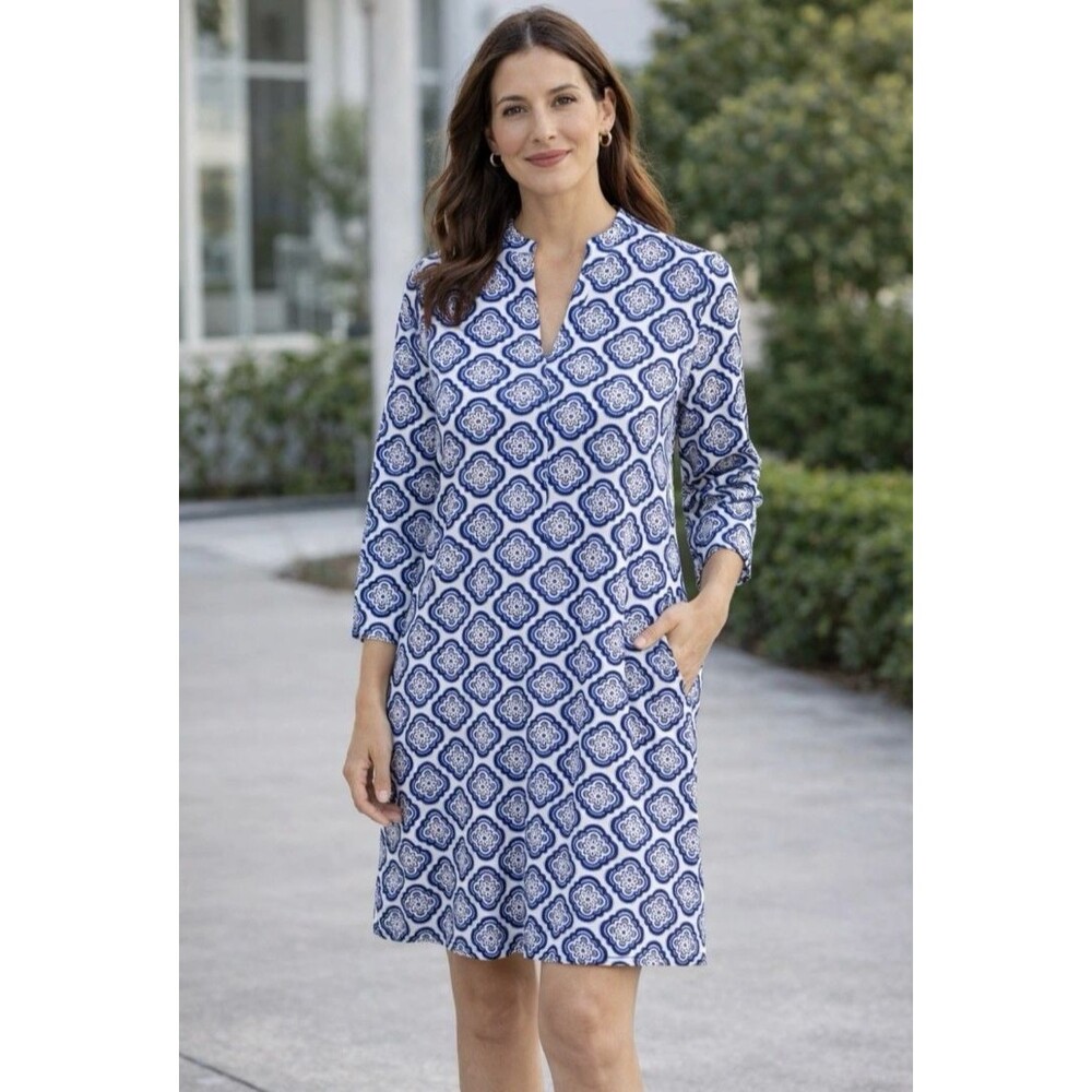 Boden Medallion Midi Tea Dress Size 8R Boho Navy Blue Pockets 100% Cotton NWOT